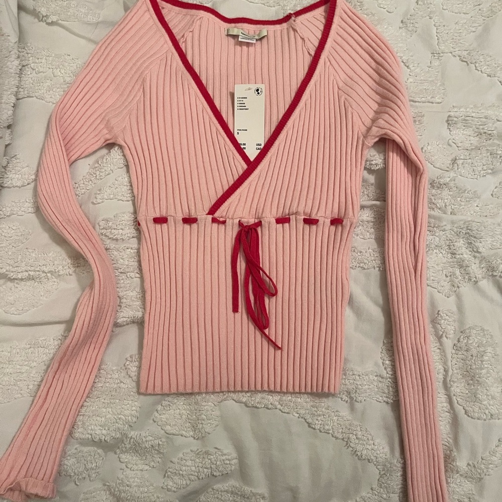 Wilfred Pink Wrap Sweater with Red Accents